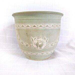 Vintage Sheurich West German Celedon Green Pottery Planter 5.5” High Cottagecore
